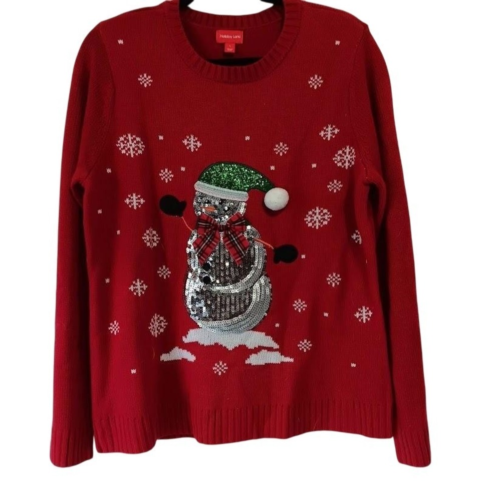 Holiday Lane Sweater Womens Large Red Ugly Christmas Snowman Sequin Pom-Pom‎